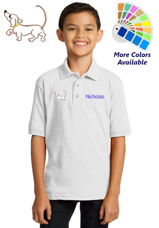 Personalized Kids Polo Shirt Embroidered Dog Outline Monogrammed with a Name or Text of Your Choice