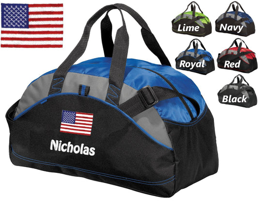 Personalized Kids Duffel Bag Gym Bag American Flag School PE Contrast Piping and Stitching Embroidered with Name or Text of Your Choice