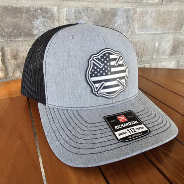 Firefighter Leather Patch Trucker Hat with Black Maltese Cross, Richardson 112, Fireman Hat, Dad Husband Gift, Station Gift, Laser Engraved