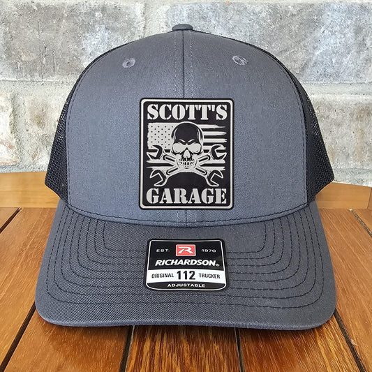 Mechanics Leather Patch Trucker Hat, Richardson 112, Personalized Shop Cap, Work Hat, Garage Hat Name, Dad Gift, Skull, Laser Engraved
