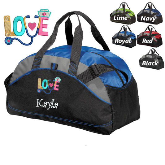 Personalized Nurse Duffle Bag, Scrubs Bag, Embroidered Love Design, Custom Name, Hospital Bag, Travel Bag, Monogrammed, Travel Gift, Bag