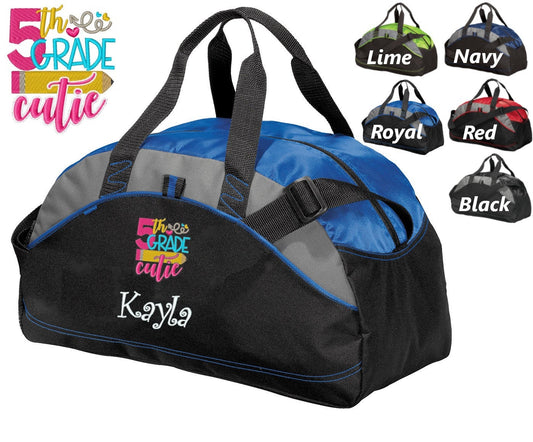 Personalized Kids Fifth Grade Duffel Bag Cutie, Duffle Gym, School PE Student Gift Contrast Piping and Stitching Embroidered with Name