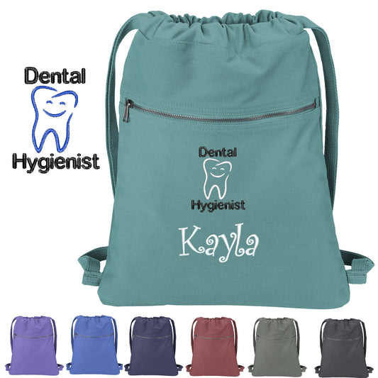 Personalized Dental Hygienist Cinch Pack Gift, Embroidered Happy Tooth Design, Drawstring School, Pool Backpack, Monogrammed Custom Name