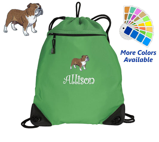 Personalized Cinch Pack, Drawstring Gym School PE, Pool Backpack, Embroidered Bulldog Dog, Monogrammed Custom Name, Perfect Student Gift