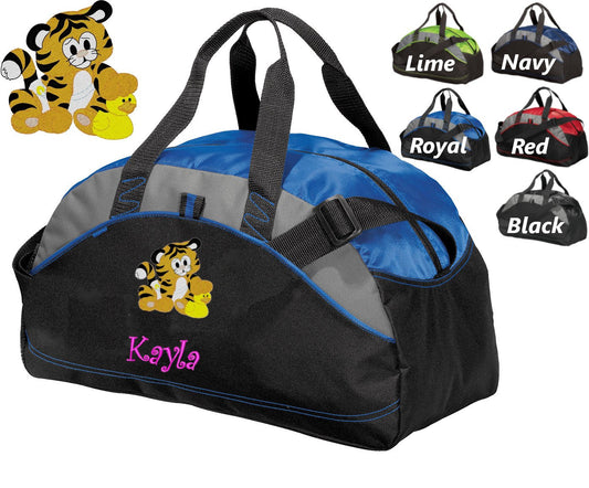 Personalized Kids Duffel Bag Gym Bag School PE Contrast Piping and Stitching Embroidered with Tiger and Name or Text of Your Choice