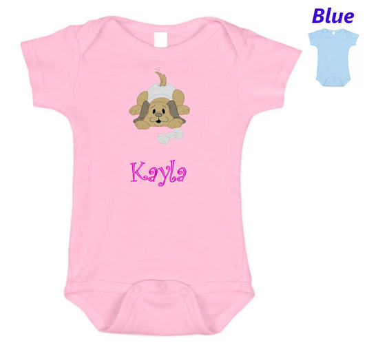 Personalized Baby Onesie Pink Blue Embroidered Baby Puppy Dog Newborn One Piece Body Suit Baby Shower Gift Monogrammed Your Baby's Name