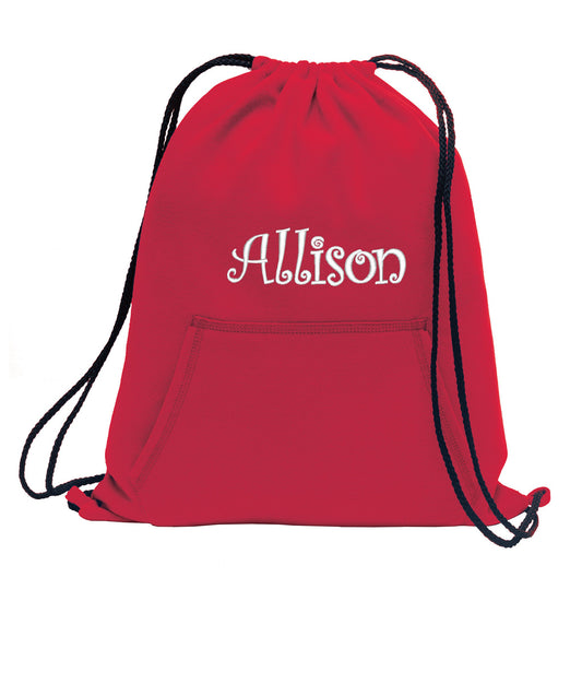 Personalized Red Cinch Pack, Fleece, Drawstring Gym School PE Backpack, Embroidered Monogrammed Custom Name, School Gift