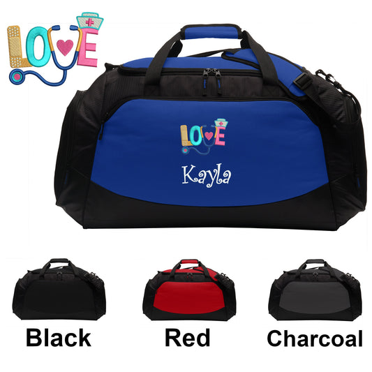 Personalized Nurse Large Duffle Bag, Love Design, Scrubs Travel Bag, Embroidered Custom Name, Hospital Bag, Monogrammed, Travel Gift