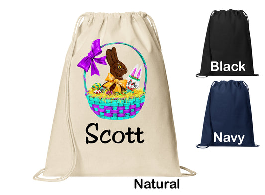 Personalized Chocolate Easter Bunny Basket Cinch Pack, Drawstring Gym School PE Pool Backpack, Printed Monogrammed Custom Name, Perfect Gift