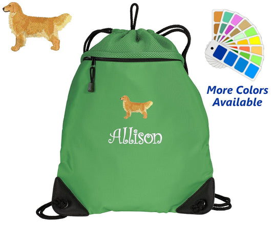 Personalized Cinch Pack, Drawstring Gym School PE, Pool Backpack, Embroidered Golden Retriver Dog, Monogrammed Custom Name, Perfect Gift