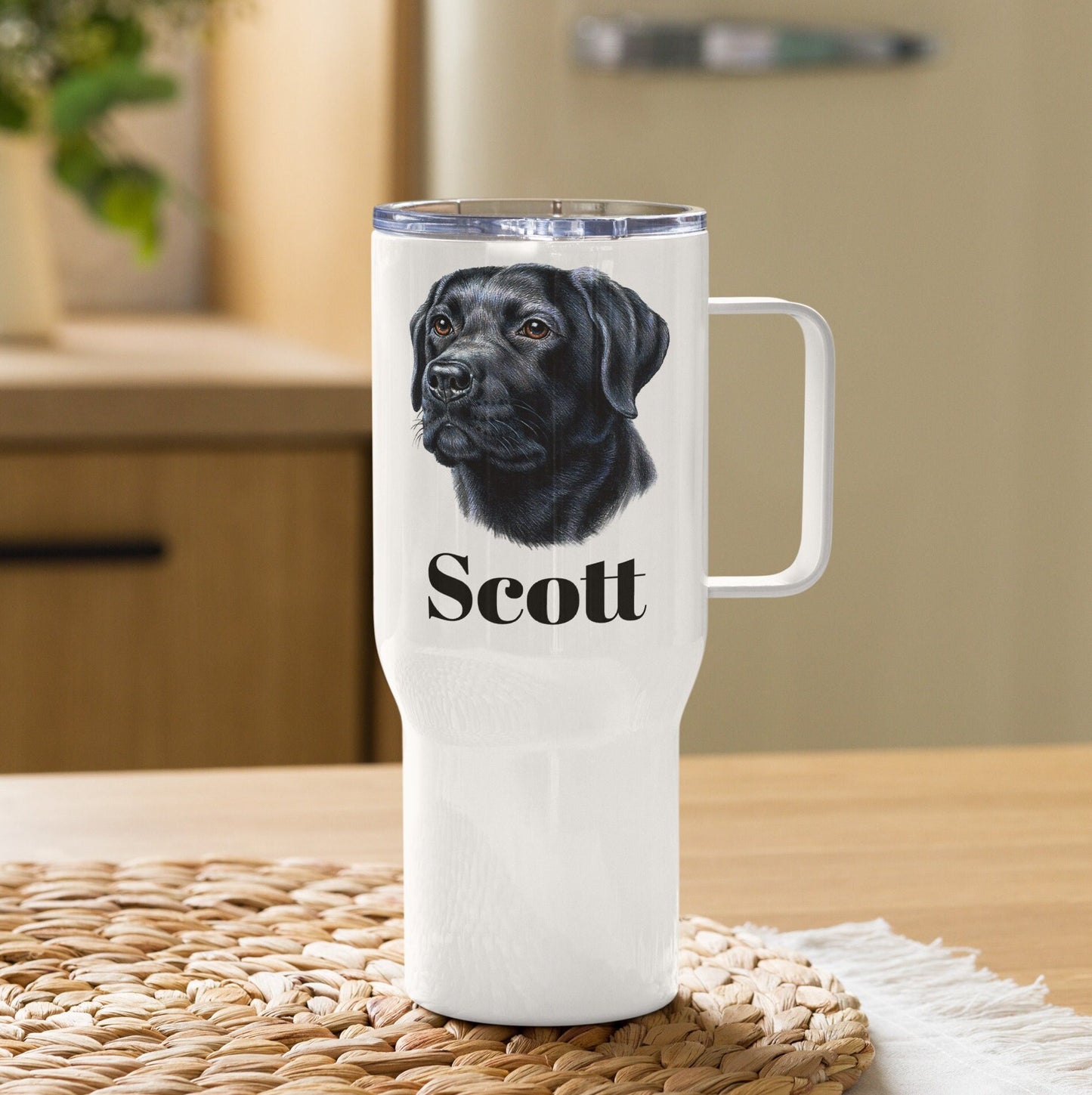 Custom Black Lab Retriever Dog Travel Mug Tumbler with Handle, Stainless Steel BPA-free plastic Cup, 25 Ounce Mug, Dad Dog Lover Gift