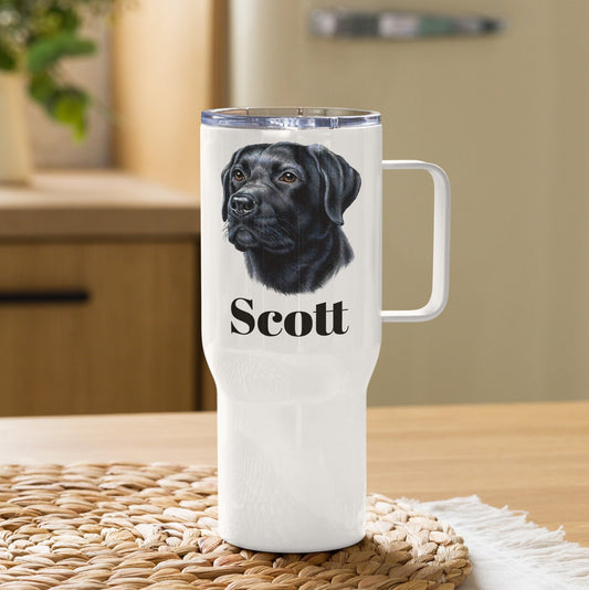 Custom Black Lab Retriever Dog Travel Mug Tumbler with Handle, Stainless Steel BPA-free plastic Cup, 25 Ounce Mug, Dad Dog Lover Gift