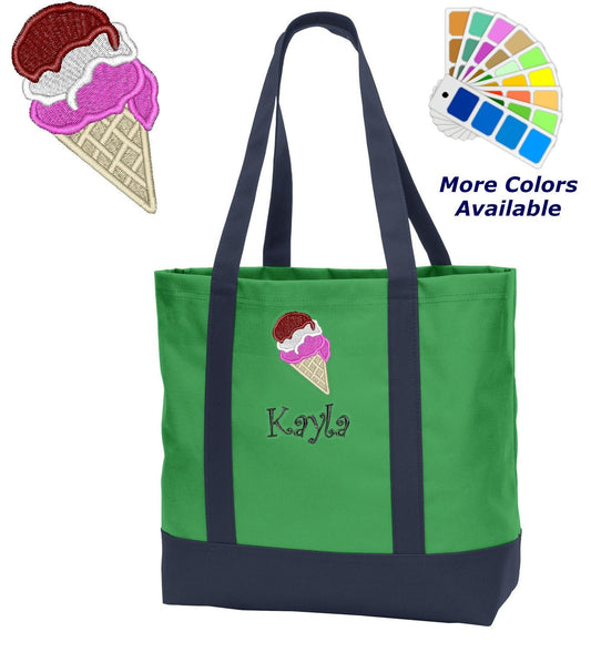 Personalized Tote Bag Embroidered Ice Cream Cone with Name of Your Choice Perfect Gift
