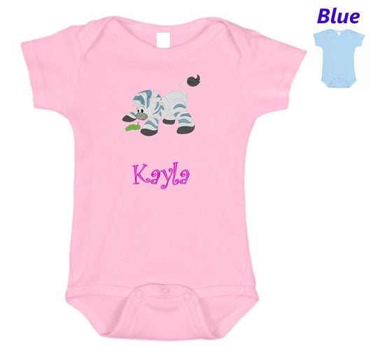 Personalized Baby Onesie Pink Blue Embroidered Baby Zebra Newborn One Piece Body Suit Baby Shower Gift Monogrammed with Your Baby's Name