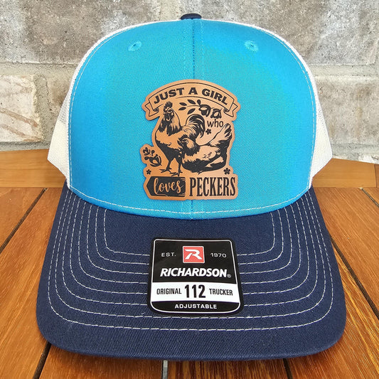 Chicken Leather Patch Trucker Hat, Richardson 112, Just a Girl Loves Peckers Cap, Funny Hat, Chicken Lover Hat, Farmer Gift, Laser Engraved