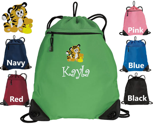 Personalized Kids Tiger Cinch Pack, Drawstring Gym School PE Pool Backpack, Embroidered Tiger, Monogrammed Custom Name, Kids Gift