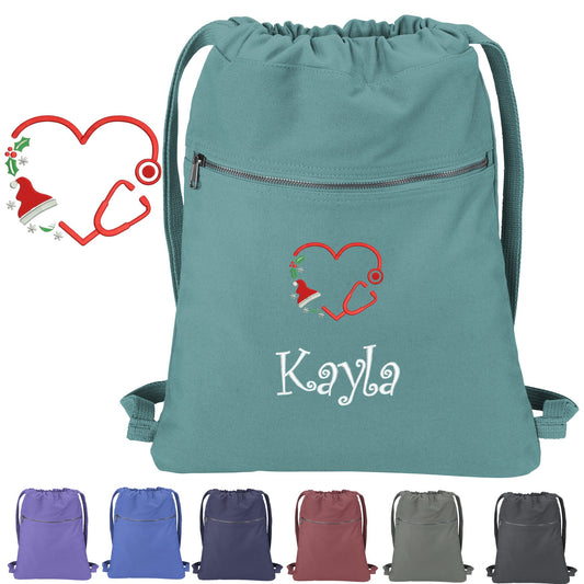 Personalized Christmas Nurse Cinch Pack Gift, Embroidered Heart Scope Design, Drawstring School, Pool Backpack, Monogrammed Custom Name