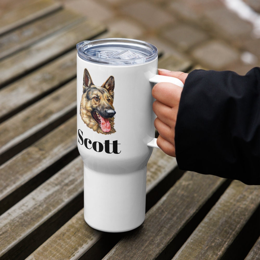 Custom German Shepherd Dog Travel Mug Tumbler with Handle, Stainless Steel BPA-free plastic Cup, 25 Ounce Mug, Dad Mom Dog Lover Gift