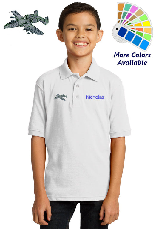 Personalized Kids Polo Shirt Embroidered A10 Warthog Airplane Monogrammed with a Name or Text of Your Choice