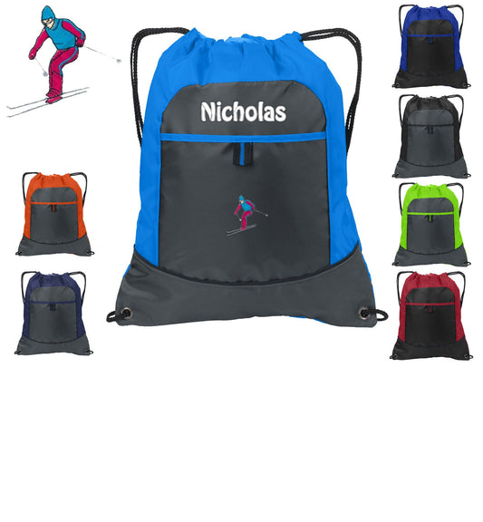 Personalized Kids Cinch Pack Drawstring, Skier Ski Design, Gym School PE Pool Backpack Embroidered Monogrammed Custom Name School Gift