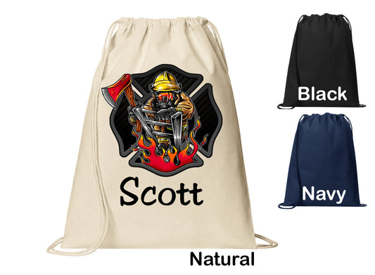 Personalized Firefighter Ladder Maltese Cross Cinch Pack, Drawstring Gym School Pool Backpack, Printed Monogrammed Custom Name, Perfect Gift