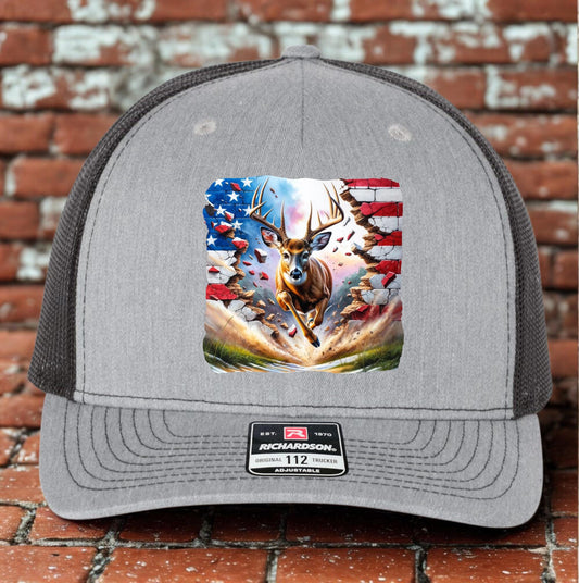 Deer Hunter Trucker Hat, American Flag Hat Design, Richardson 112, Deer Hunter Dad Gift Husband Gift, Sportsman Gift, Printed Hat