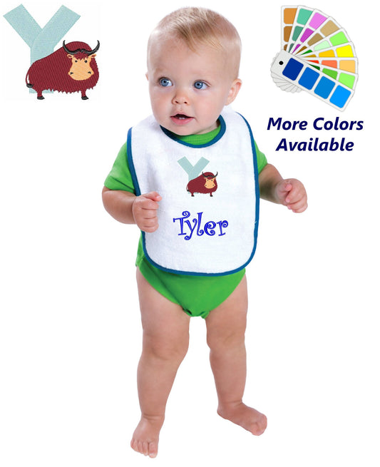 Personalized Baby Bib, White Cotton Terry with Contrast Trim, Letter Y, Alphabet, Yak Design, for Boy or Girl, Embroidered Name