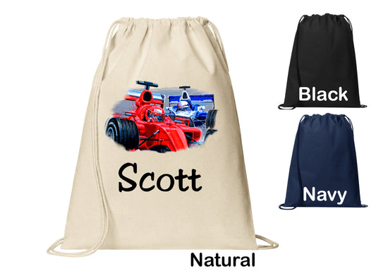 Personalized F1 Race Car Racing Cinch Pack, Drawstring Gym School PE Pool Backpack, Printed Monogrammed Custom Name, Perfect Gift