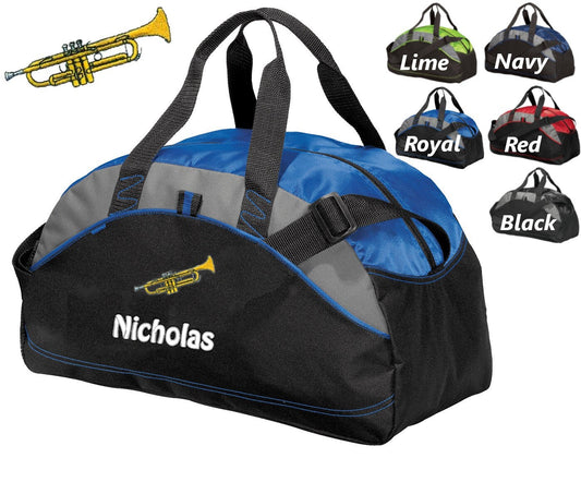 Personalized Kids Duffel Bag, Trumpet Design, Gym Bag, School Band, Contrast Piping Stitching, Embroidered Name, Music Gift, Student Gift