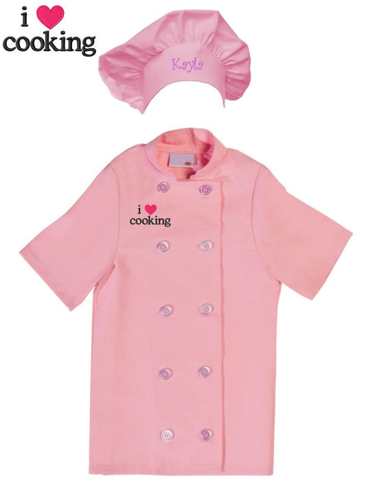 Personalized Kids Pink Chef Coat Jacket with Chef Hat and I Love Cooking Design Short Sleeve