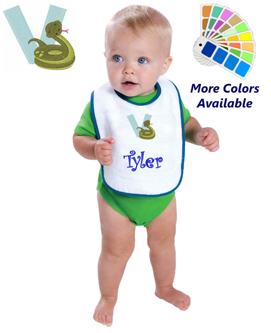 Personalized Baby Bib, White Cotton Terry with Contrast Trim, Letter V, Alphabet, Viper Snake Design, for Boy or Girl, Embroidered Name