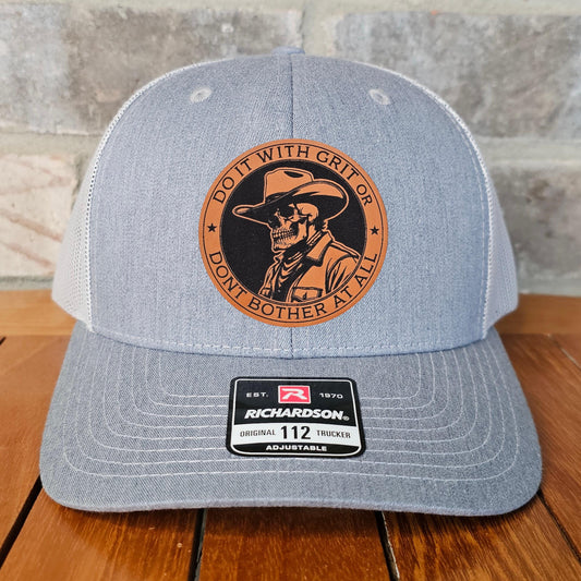 Cowboy Leather Patch Trucker Hat with Skull, Richardson 112, Grit Cowboy Hat, Dad Gift, Husband Gift, Station Gift, Laser Engraved