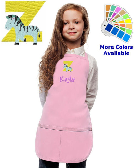 Personalized Kids Apron with Animal Alphabet Letter Z Zebra Embroidery Design, Monogrammed Art Smock, Childrens Apron, Cooking Gift