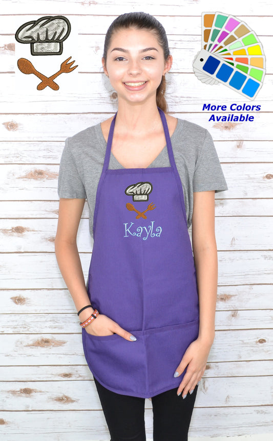 Personalized Kids Apron with Chef Hat Design, Custom Embroidered Name, Monogrammed, Art Gift, Chef, Cooking Party, Art Party, School Aprons