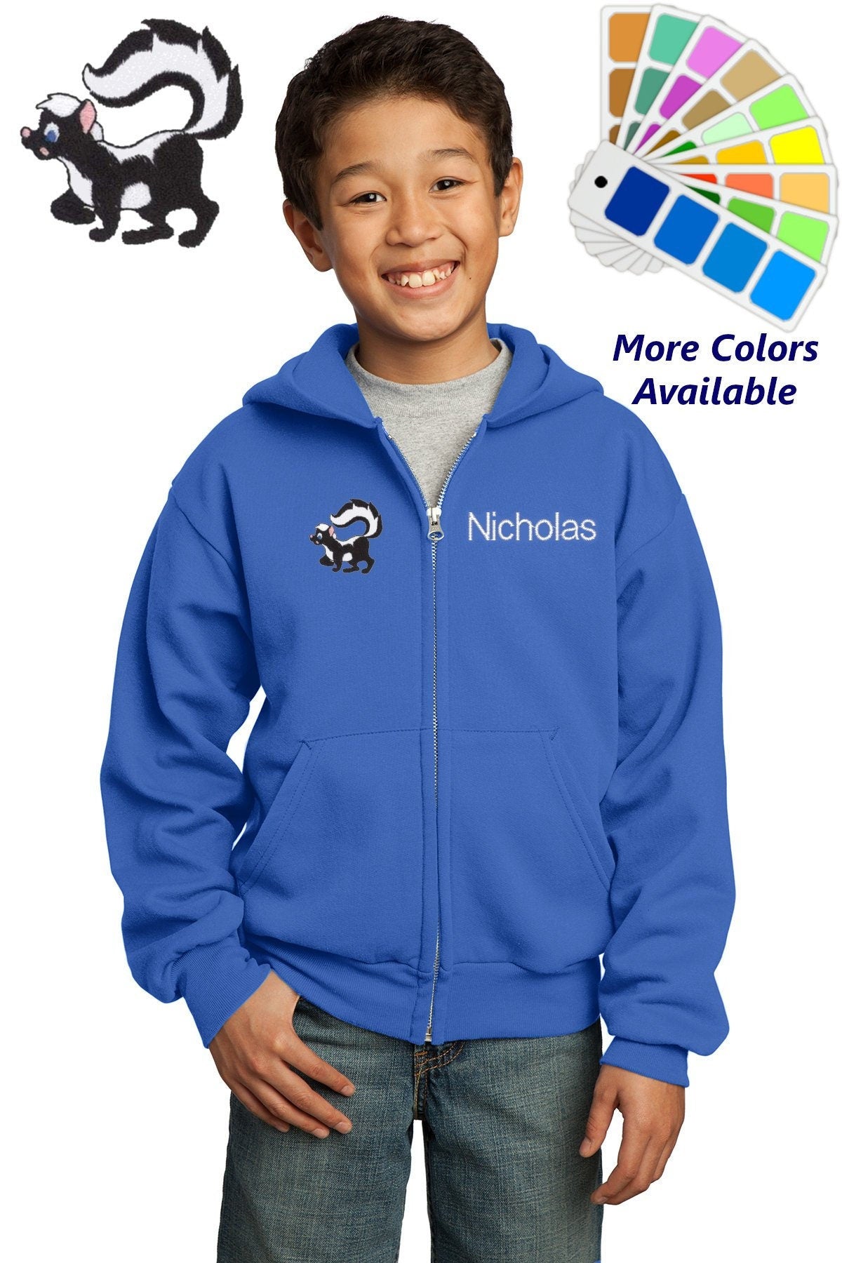 Personalized Kids Hoodie Sweatshirt Zipper Embroidered Skunk Design with a Name of Your Choice