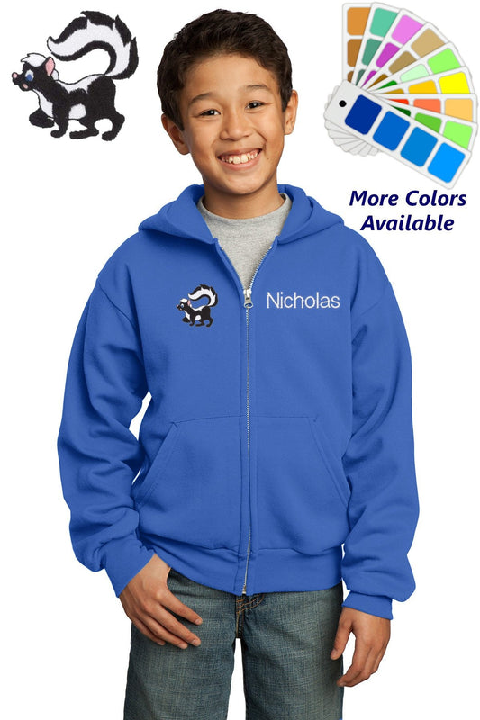Personalized Kids Hoodie Sweatshirt Zipper Embroidered Skunk Design with a Name of Your Choice