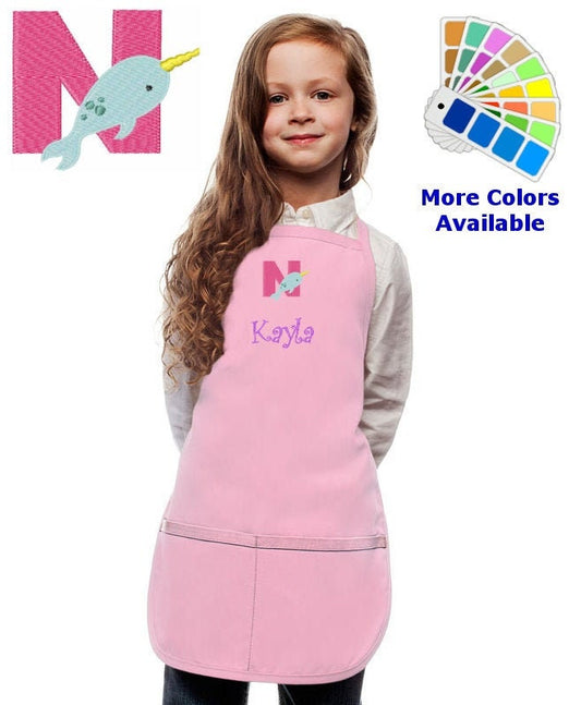 Personalized Kids Apron with Animal Alphabet Letter N Embroidery Design, Monogrammed Art Smock, Childrens Apron, Cooking Gift