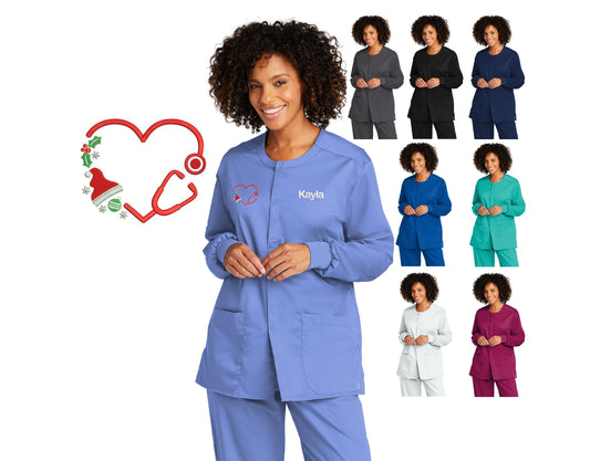 Personalized Unisex Christmas Nurse Scrubs Jacket, Custom Embroidered Name, Doctor, Nurse, Veterinarian, Hospital, Shirt, Medical Apparel