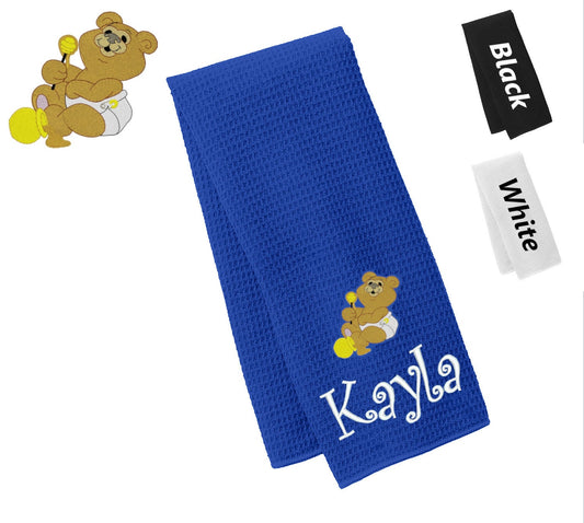 Personalized Towel Bear Design, Kitchen Towel, Hand Towel, Bathroom Towel, Waffle Microfiber, Embroidered Name, Kids Gift, Mom Gift