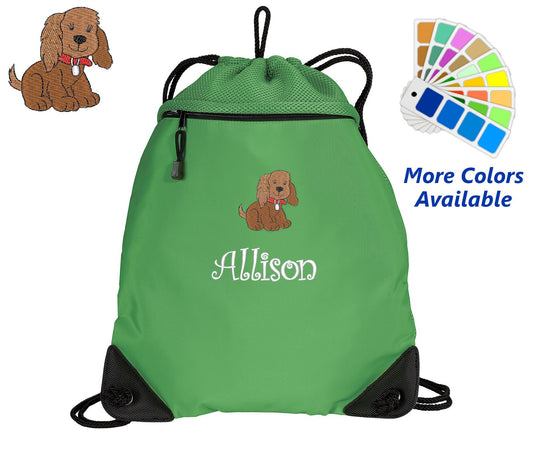 Personalized Cinch Pack, Drawstring Gym School PE, Pool Backpack, Embroidered Puppy Dog, Monogrammed Custom Name, Perfect Gift
