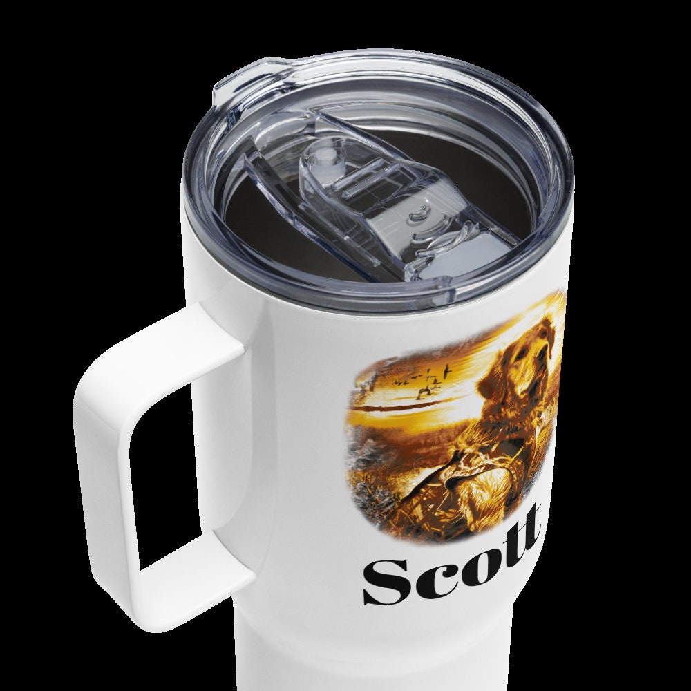 Custom Golden Retriever Hunting Dog Travel Mug Tumbler with Handle, Stainless Steel BPA-free Cup, 25 Ounce Mug, Dad Mom Dog Lover Gift