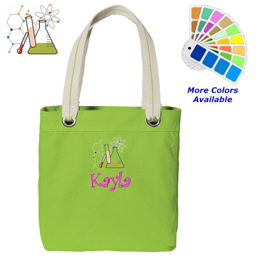 Personalized Canvas Tote Bag Chemistry Science Design Contrast Lined with Metal Grommets Embroidered with Name or Text of Your Choice