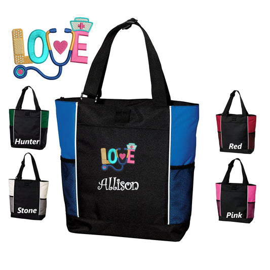 Personalized Canvas Nurse Tote Bag, Love Stethoscope, Custom Tote, Tote with Zipper, Embroidered Custom Name, Funny Nurse Gift