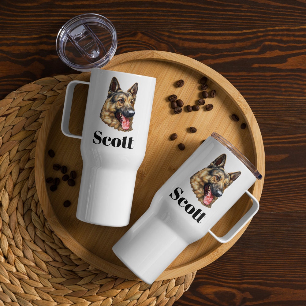 Custom German Shepherd Dog Travel Mug Tumbler with Handle, Stainless Steel BPA-free plastic Cup, 25 Ounce Mug, Dad Mom Dog Lover Gift