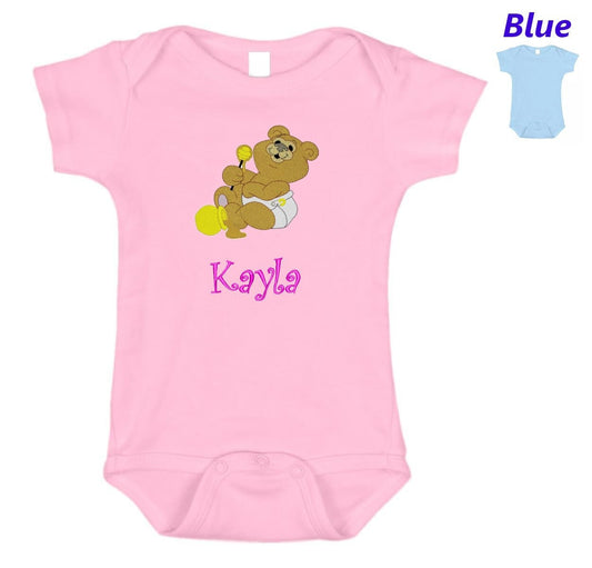Personalized Baby Onesie Pink Blue Embroidered Baby Bear Newborn One Piece Body Suit Baby Shower Gift Monogrammed with Your Baby's Name