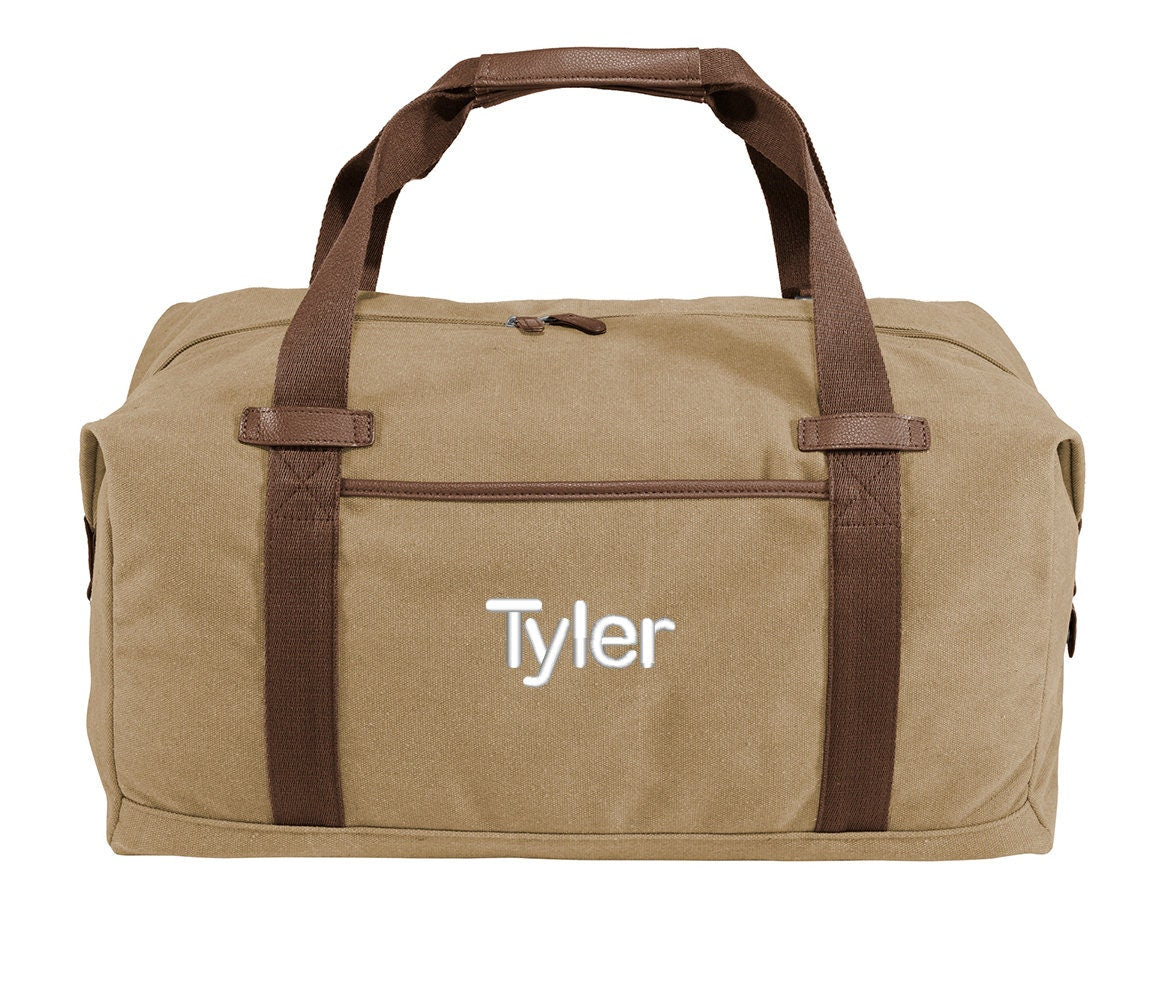 Personalized Khaki Duffel Bag, Gym Bag, Weekend Bag, Groomsmen Gift, School PE, Husband Gift, Embroidered with Name or Text of Your Choice