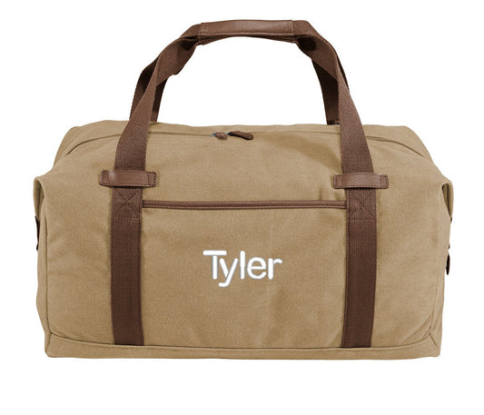 Personalized Khaki Duffel Bag, Gym Bag, Weekend Bag, Groomsmen Gift, School PE, Husband Gift, Embroidered with Name or Text of Your Choice