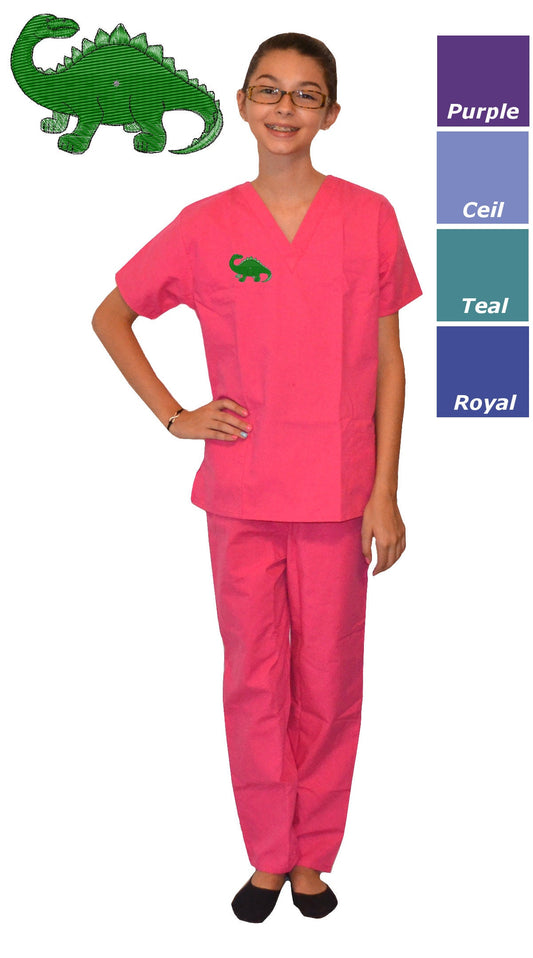 Kids Paleontologist Scrubs with Brontosaurus Dinosaur Embroidery Design