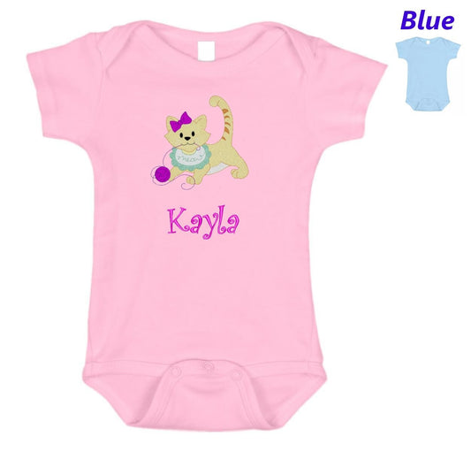 Personalized Baby Onesie Pink Blue Embroidered Baby Kitten Cat Newborn One Piece Body Suit Baby Shower Gift Monogrammed with Your Babys Name