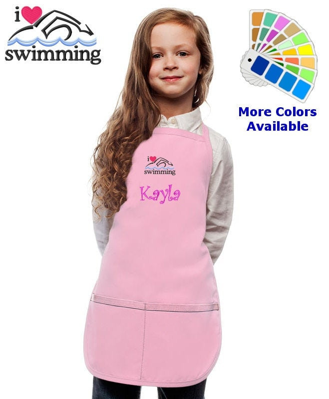 Personalized Kids Apron with I Love Swimming Embroidery Design, Cooking Kitchen Gift, School Gift, Sports Gift, Monogrammed, Cooking Party